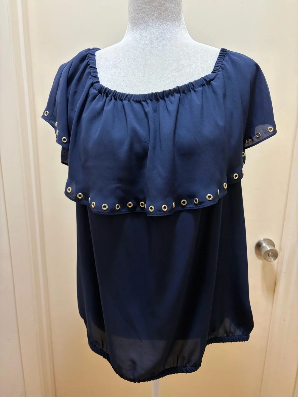 Michael Kors Navy Grommet-Trim Flutter Sleeve Blouse